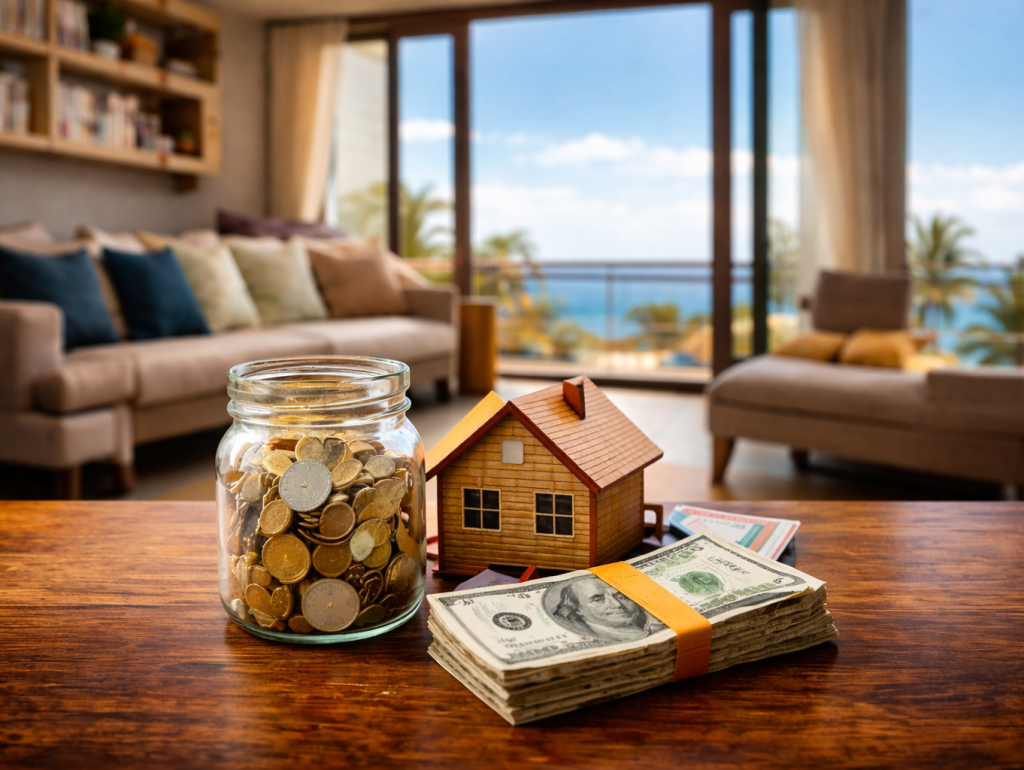 Configuración financiera en la mesa de madera